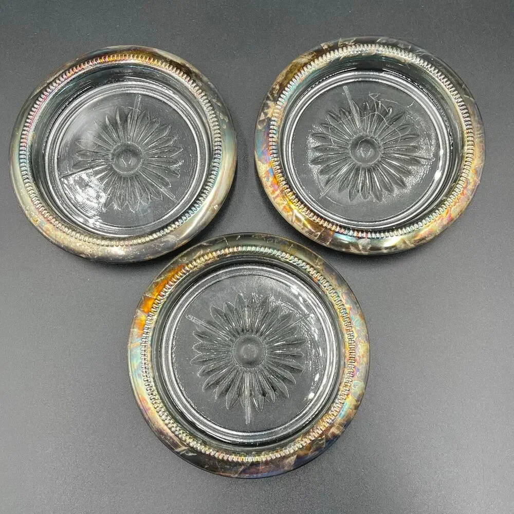 Vintage Leonard Silverplate Coasters Italy Glass Insert Starburst Set of 3